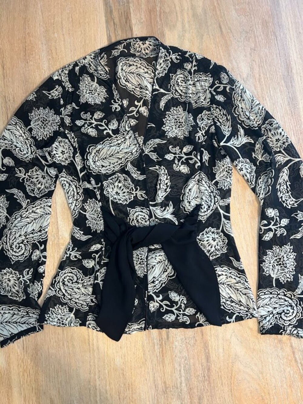 MNG Mango Paisley Chiffon Tie Waist Blouse Top XS 2 Black White Sheer Peplum